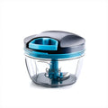 Ganesh Wonder Chopper on white: charcoal lid, aqua pull handle and collar, clear grey-tinted bowl with blade unit inside