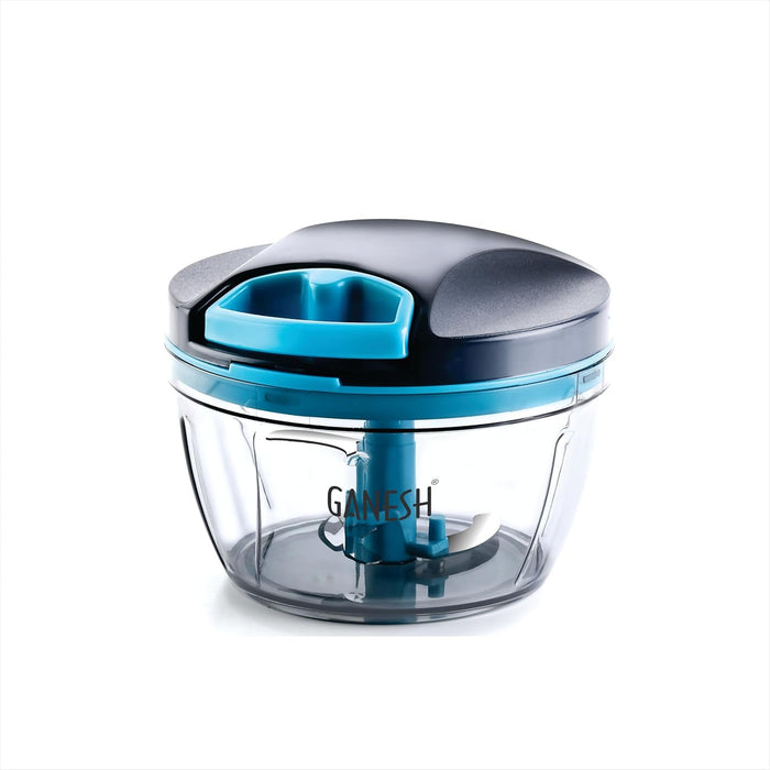 Ganesh Wonder Chopper on white: charcoal lid, aqua pull handle and collar, clear grey-tinted bowl with blade unit inside