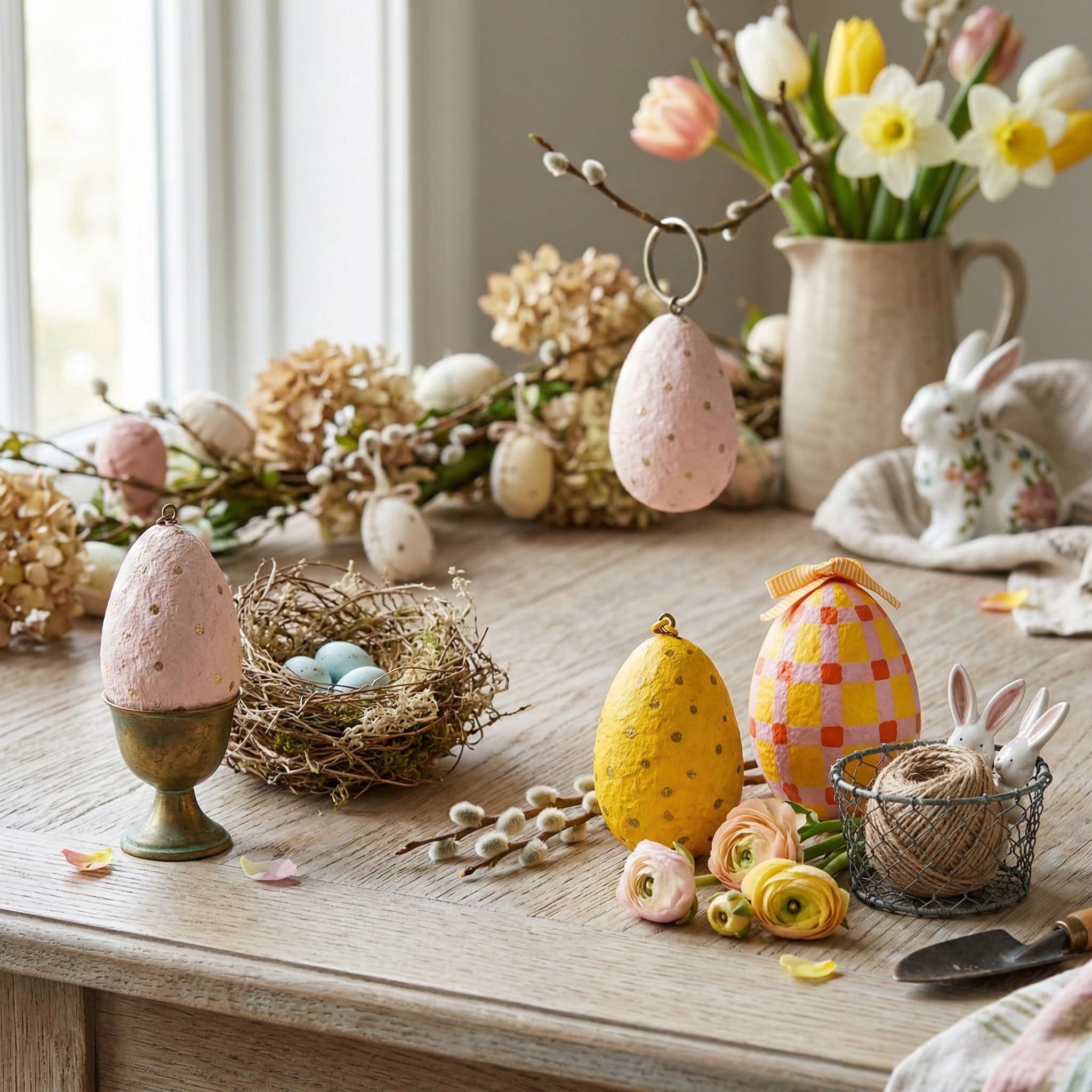 Handmade Paper Mache Easter Egg Decorations – Set of 4 Hanging Easter Eggs, Hand Painted Spring Ornaments for Easter Tree, Table Centrepiece & Home Decor (8 cm)