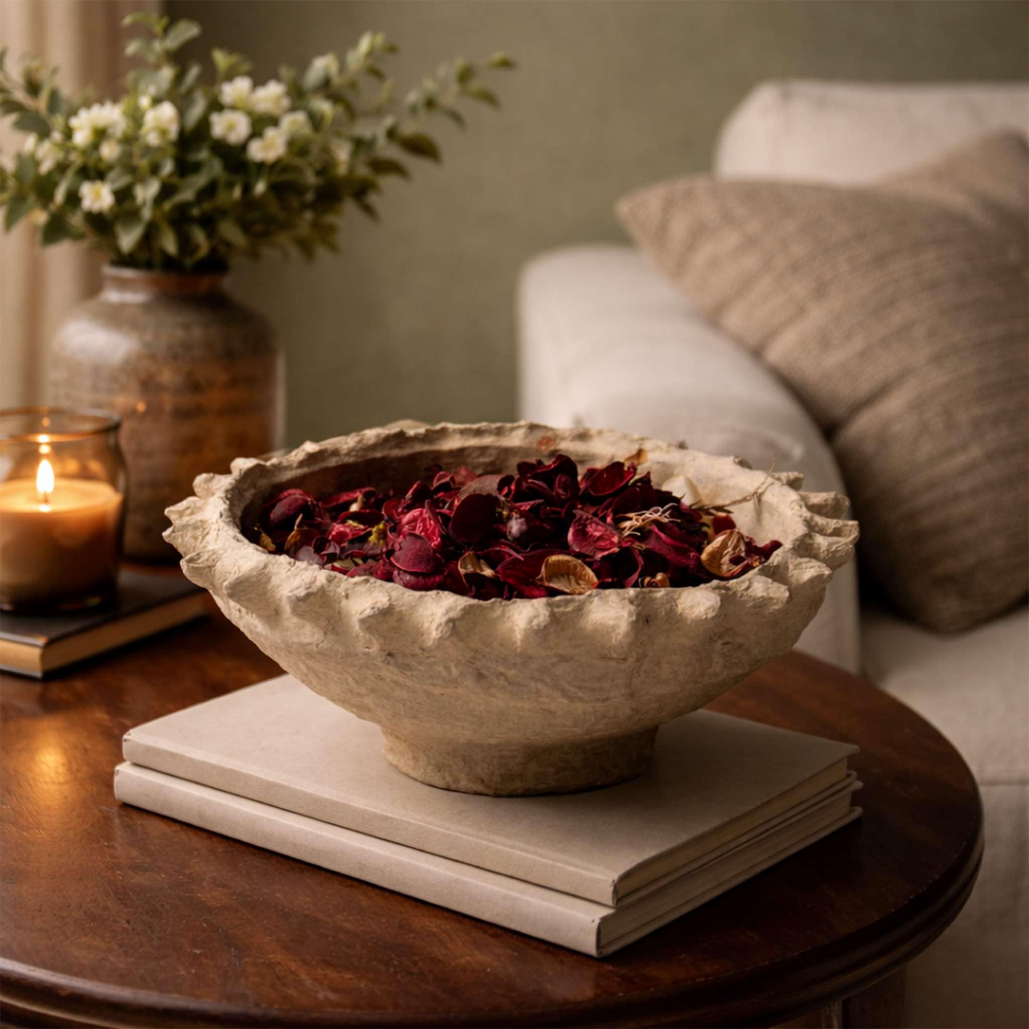 Set of 2 Rustic Decorative Bowls – Textured Stone Effect Centrepiece Bowls for Coffee Table, Potpourri & Dried Flower Display – Farmhouse Home Décor for UK & European Homes