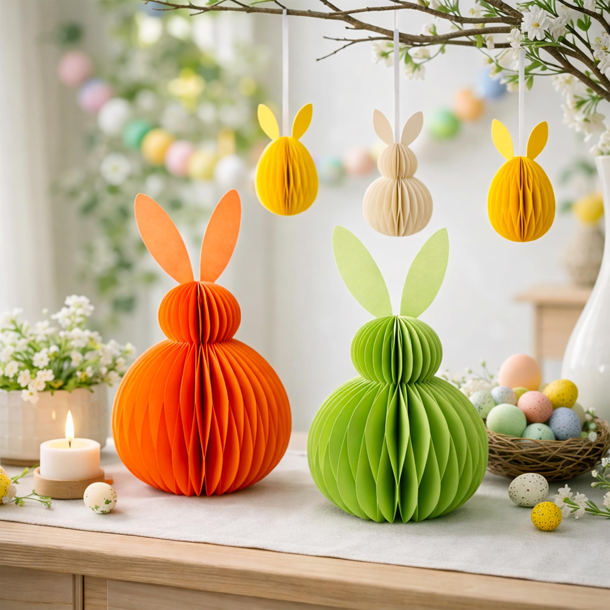 Easter Honeycomb Bunny Decorations Set – Paper Rabbit Ornaments with Magnetic Closure, Hanging & Tabletop Easter Decorations for Home, Easter Tree, Spring Party Decor (Reusable, Multicolour)