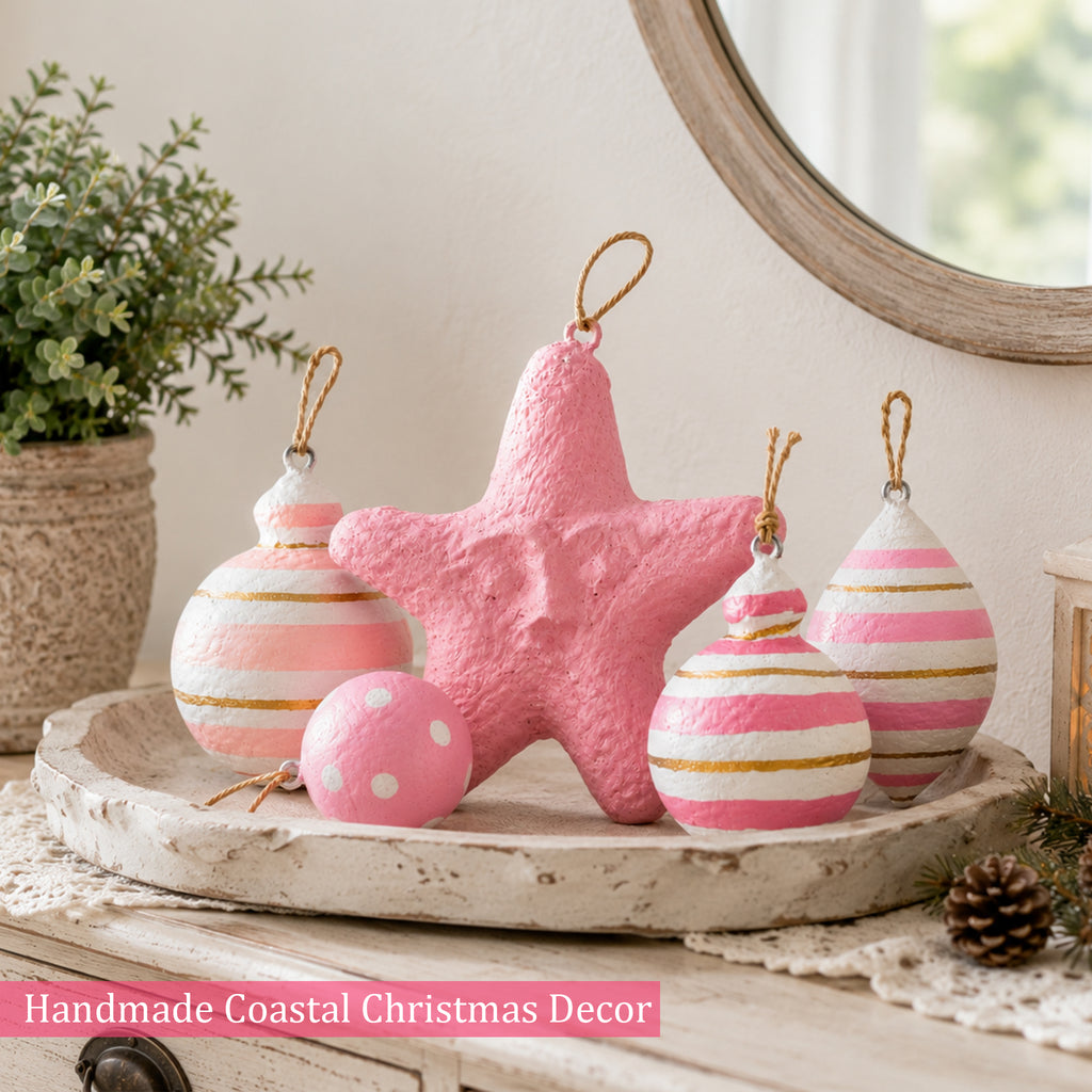 Size guide for handmade pink Christmas star and baubles