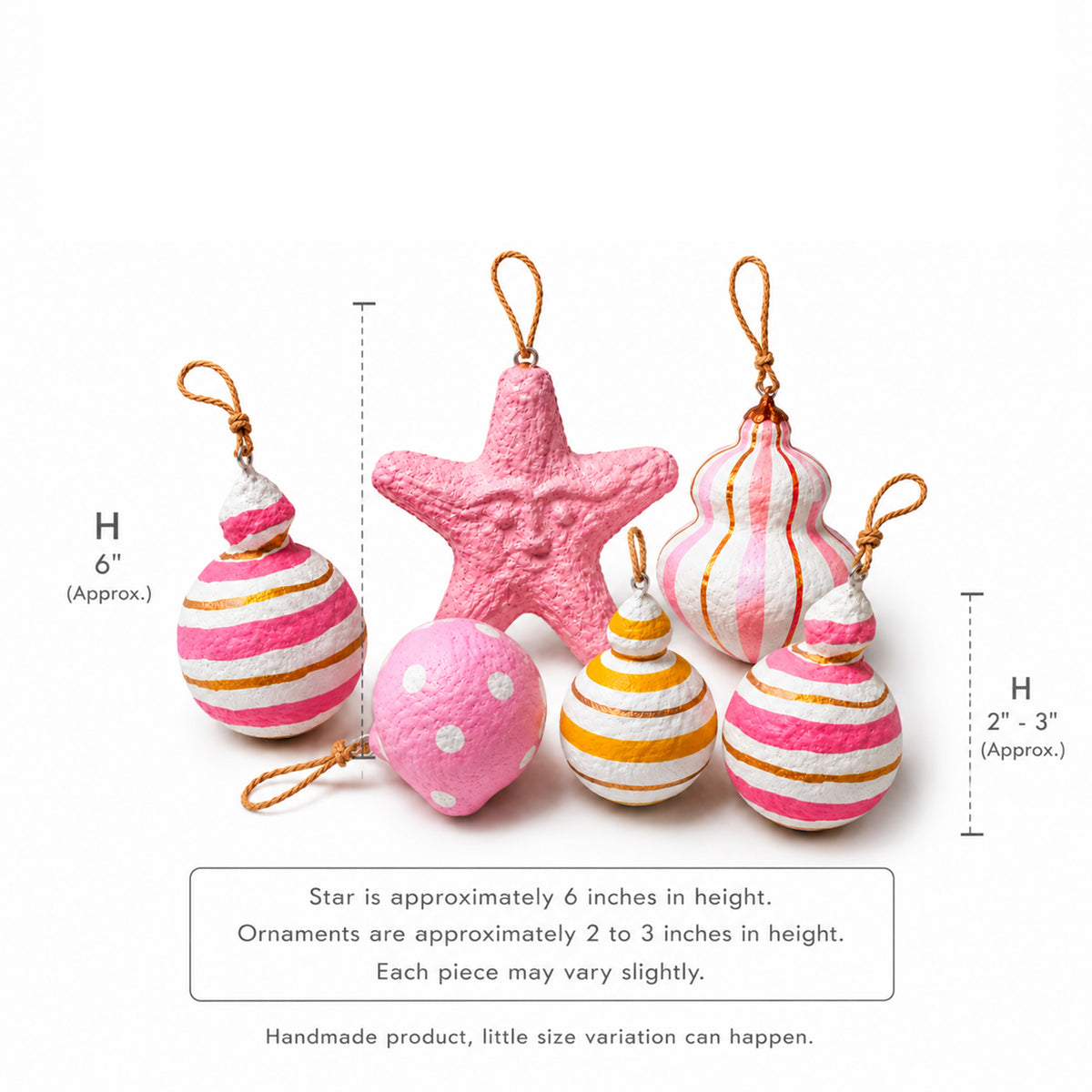 Size guide for pink handmade paper mache Christmas ornaments with 6 inch star
