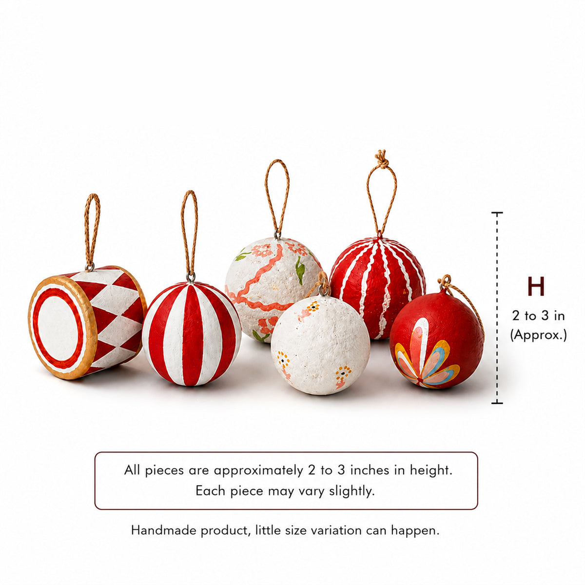 Papier mâché Christmas ornaments size guide – 2 to 3 inch handmade baubles set of 6