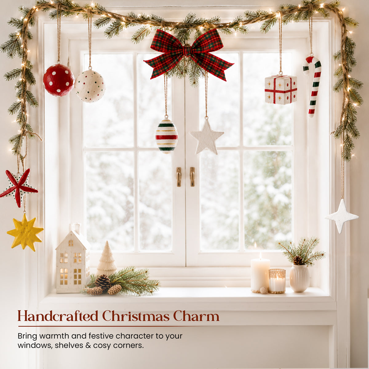 Handmade paper mache Christmas ornament set hanging from window garland with fairy lights