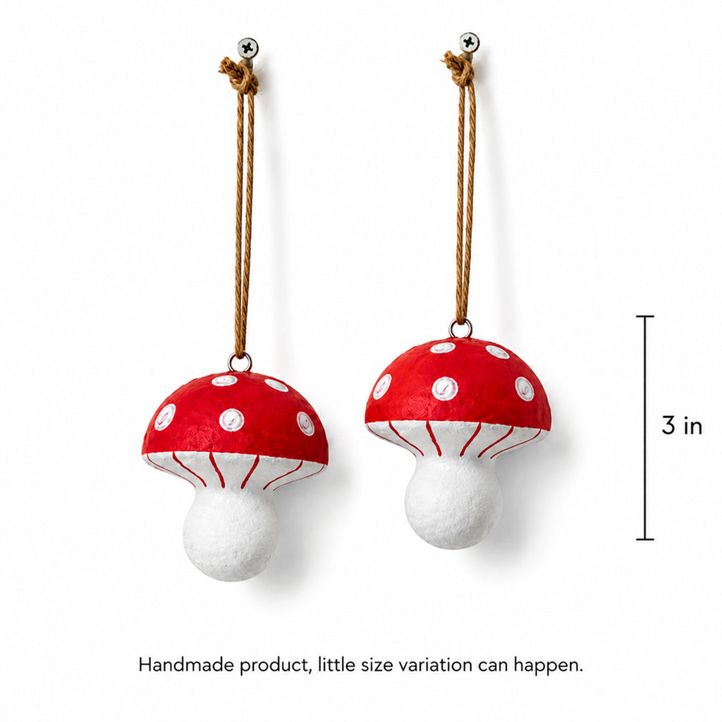 Handmade Paper Mâché Mushroom Christmas Ornaments – Set of 4