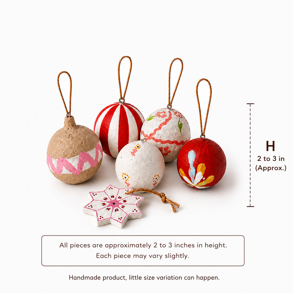 Handmade Christmas baubles dimensions — 2 to 3 inches artisan paper mâché set
