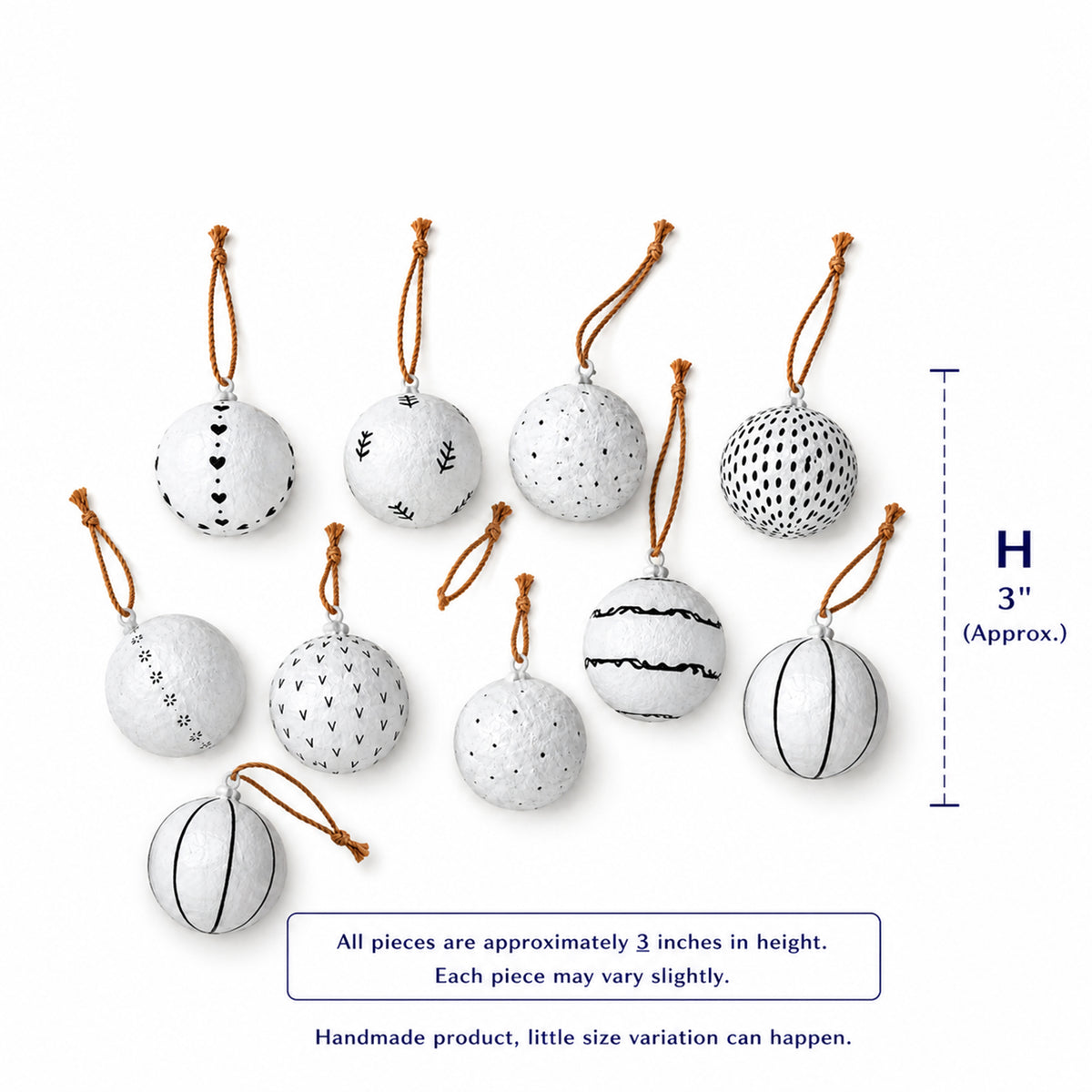 Approx 3 inch handmade paper mache Christmas baubles size guide