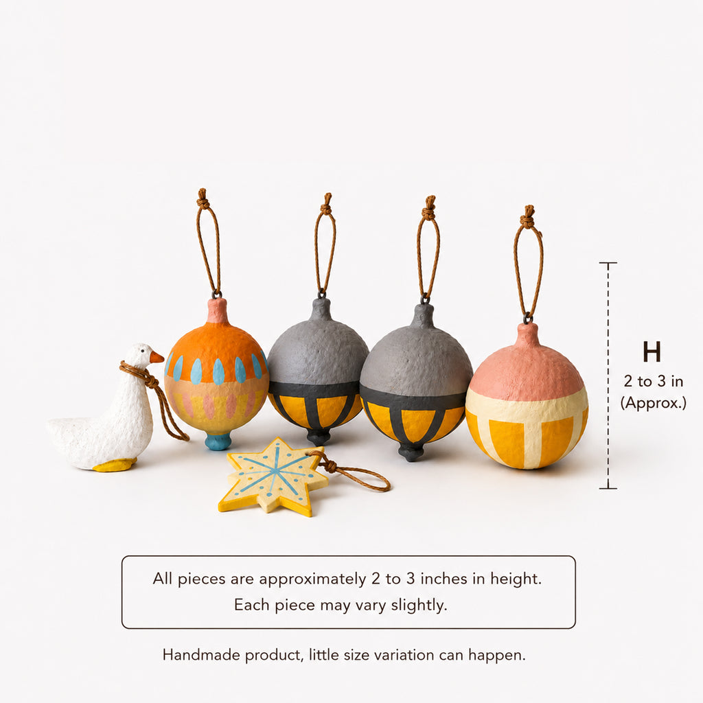Handmade Scandi Christmas ornament set size guide – papier mâché goose duck star and baubles approximately 2 to 3 inches, set of 6