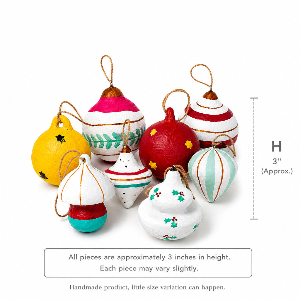 Approx 3 inch hand-painted paper mache Christmas ornament size guide