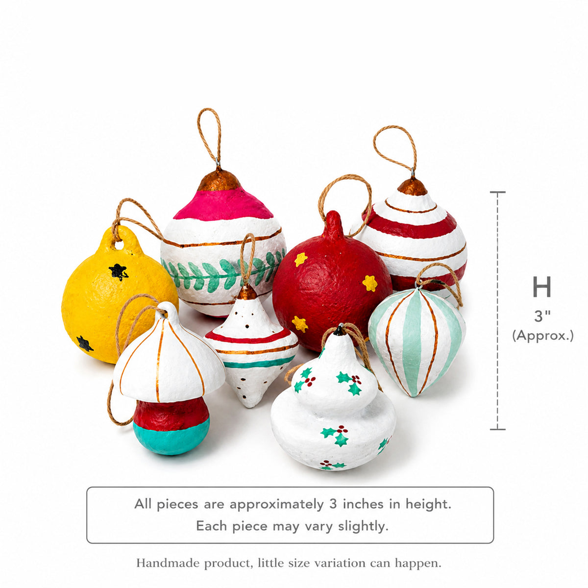 Approx 3 inch hand-painted paper mache Christmas ornament size guide