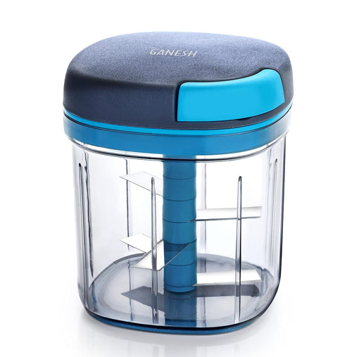 Ganesh Master Chopper on white: charcoal-grey lid, blue pull tab, clear bowl and metal blades on a blue central stem
