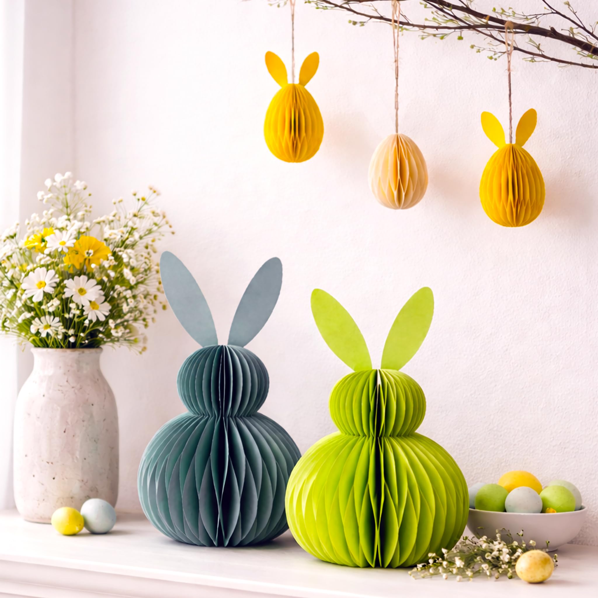 Honeycomb Easter Bunny Decorations Set – 3D Paper Bunny Ornaments with Magnetic Closure, Reusable Spring Table Centrepiece & Hanging Easter Egg Decor for Home, Party & Seasonal Display