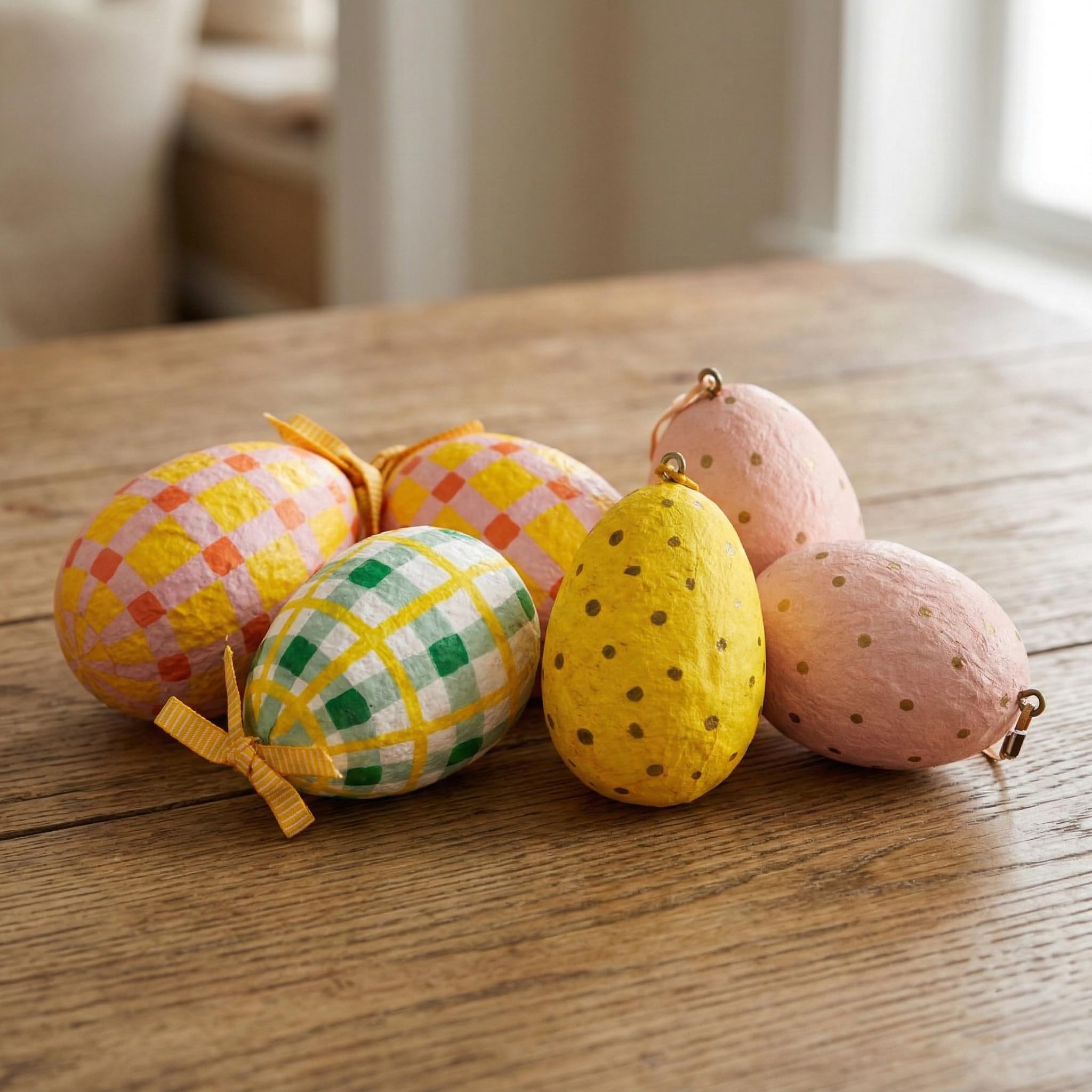 Handcrafted Paper Mache Hanging Easter Egg Decorations – Set of 6 Colourful Pastel Easter Tree Ornaments for Spring Home Décor, Easter Table Centrepiece & Seasonal Decoration (8 cm)
