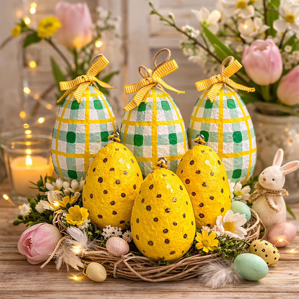Handcrafted Paper Mache Easter Egg Decorations Set – Hanging Spring Easter Ornaments for Tree, Table Centrepiece & Seasonal Home Décor