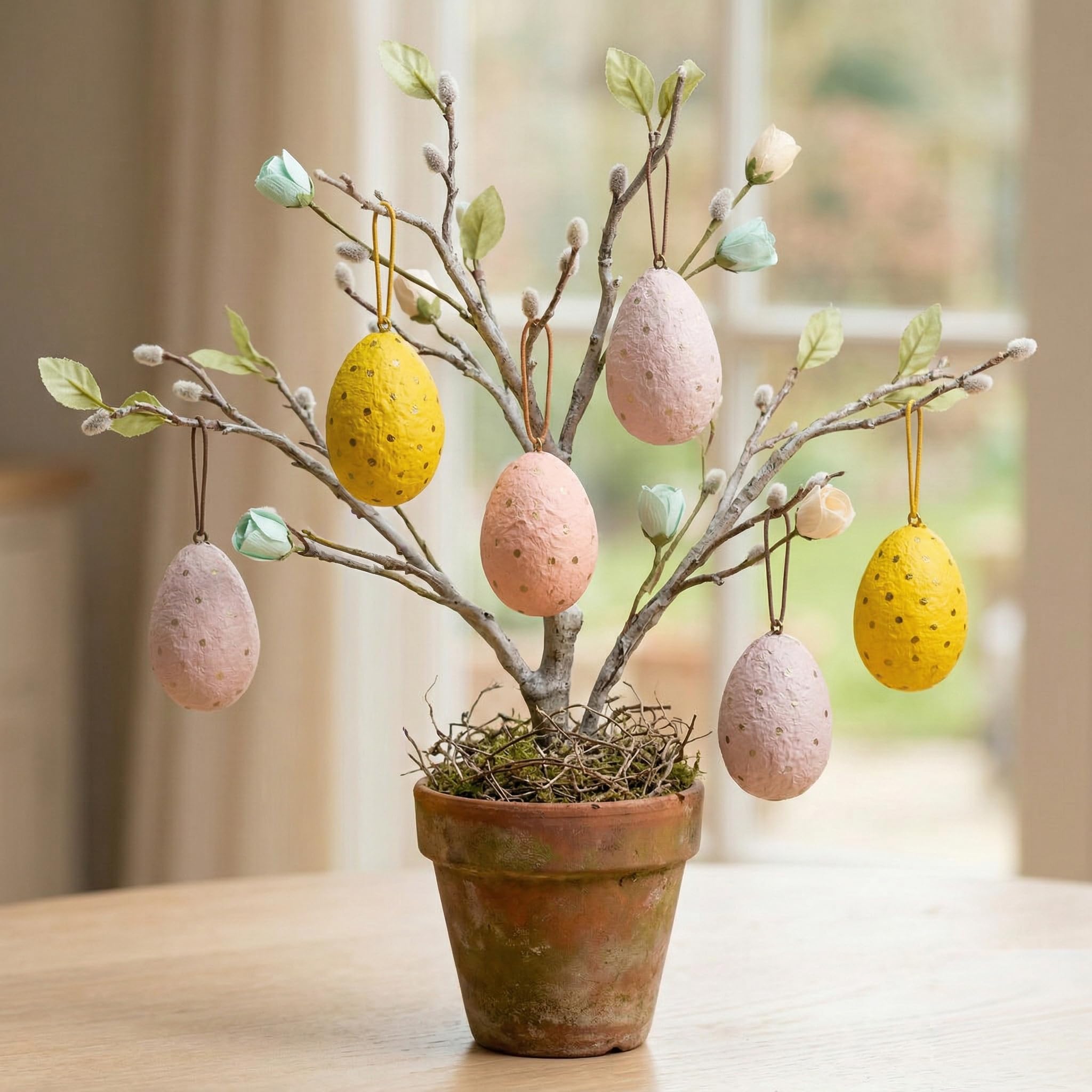 Handmade Paper Mâché Easter Egg Hanging Decorations – Pastel Speckled Easter Tree Ornaments for Spring & Easter Home Décor (Set of 6, 8cm)