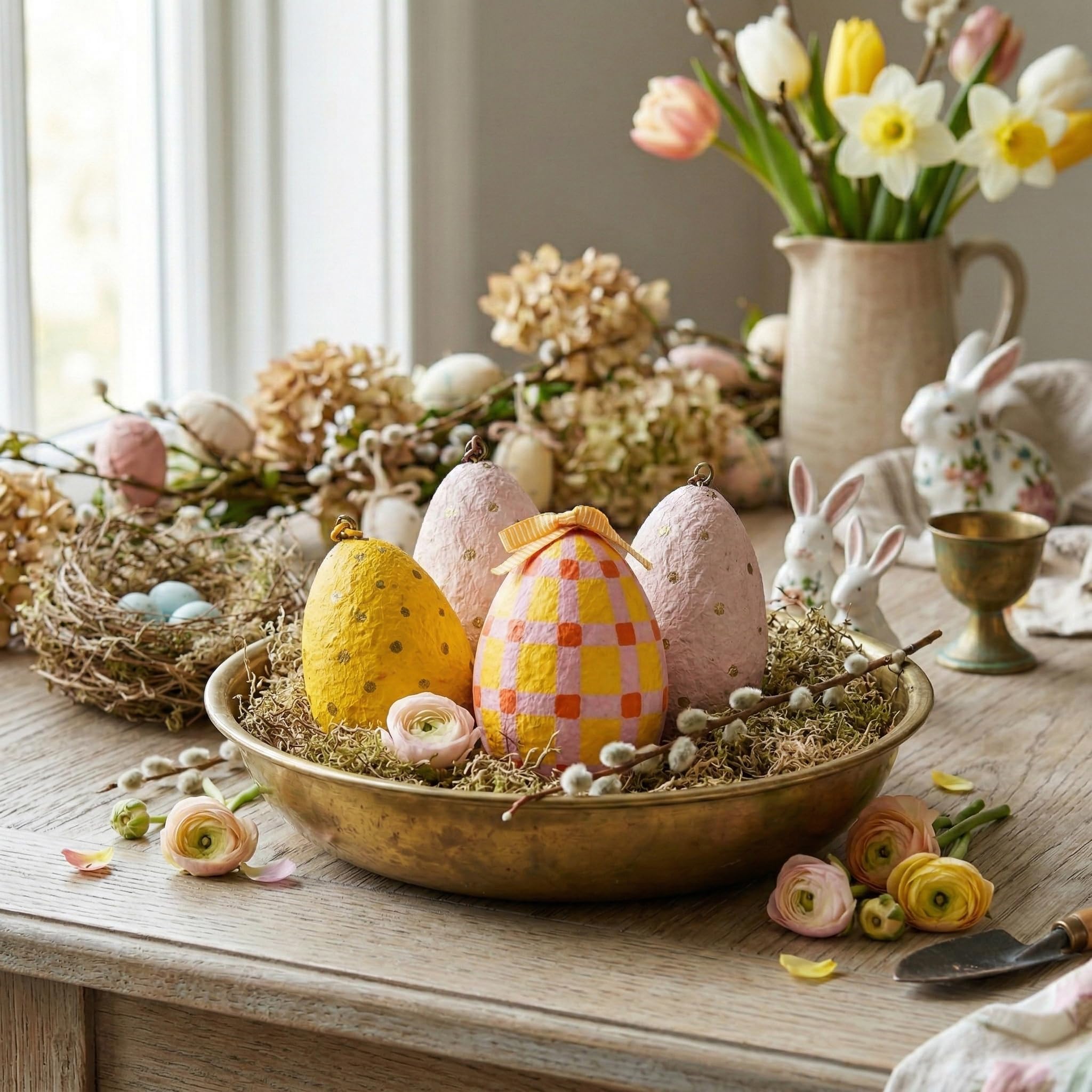 Handmade Paper Mache Easter Egg Decorations – Set of 4 Hanging Easter Eggs, Hand Painted Spring Ornaments for Easter Tree, Table Centrepiece & Home Decor (8 cm)