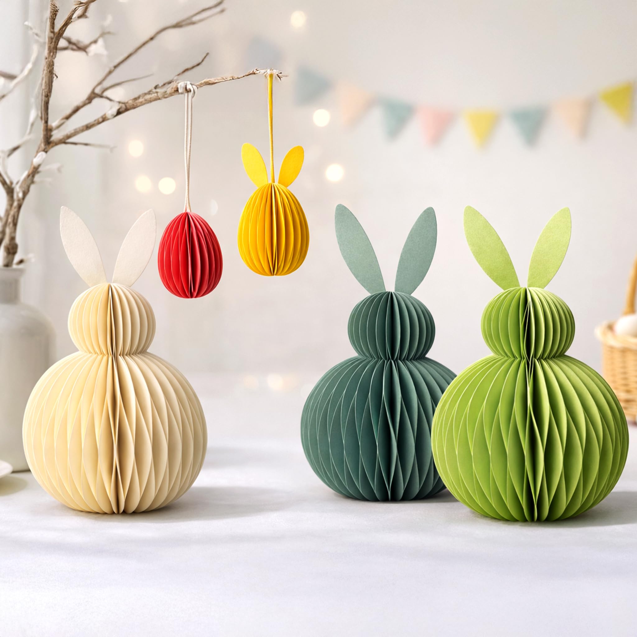 Honeycomb Easter Bunny Decorations Set – Foldable Paper Bunny Ornaments with Magnetic Closure, Reusable Spring Table Centrepiece, Hanging Easter Tree Decorations for Home, Party & Table Decor