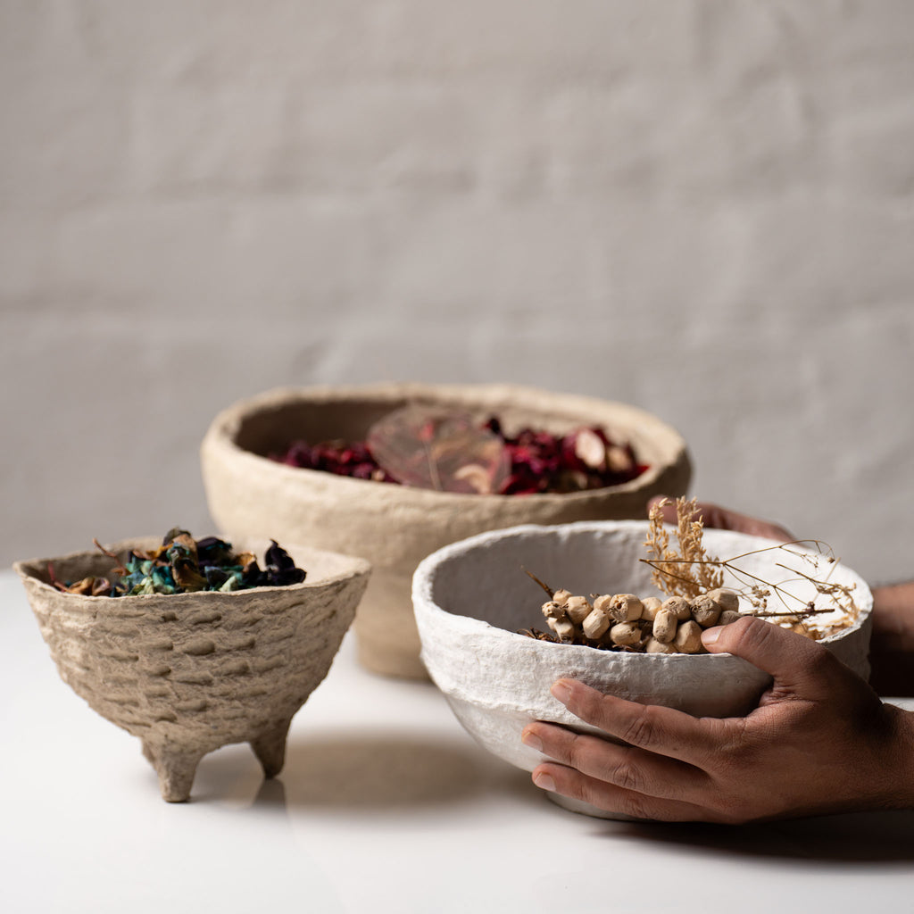 Handmade Papier-Mâché Bowl with Tripod Base | Earth Tone Decor