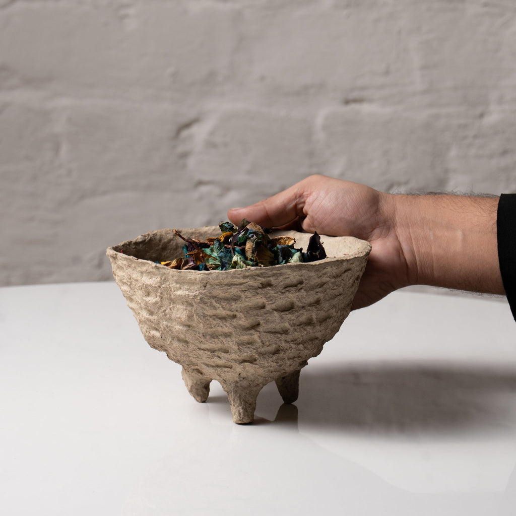 Handmade Papier-Mâché Bowl with Tripod Base | Earth Tone Decor