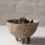 Handmade papier-mâché bowl with tripod base in natural earth tone