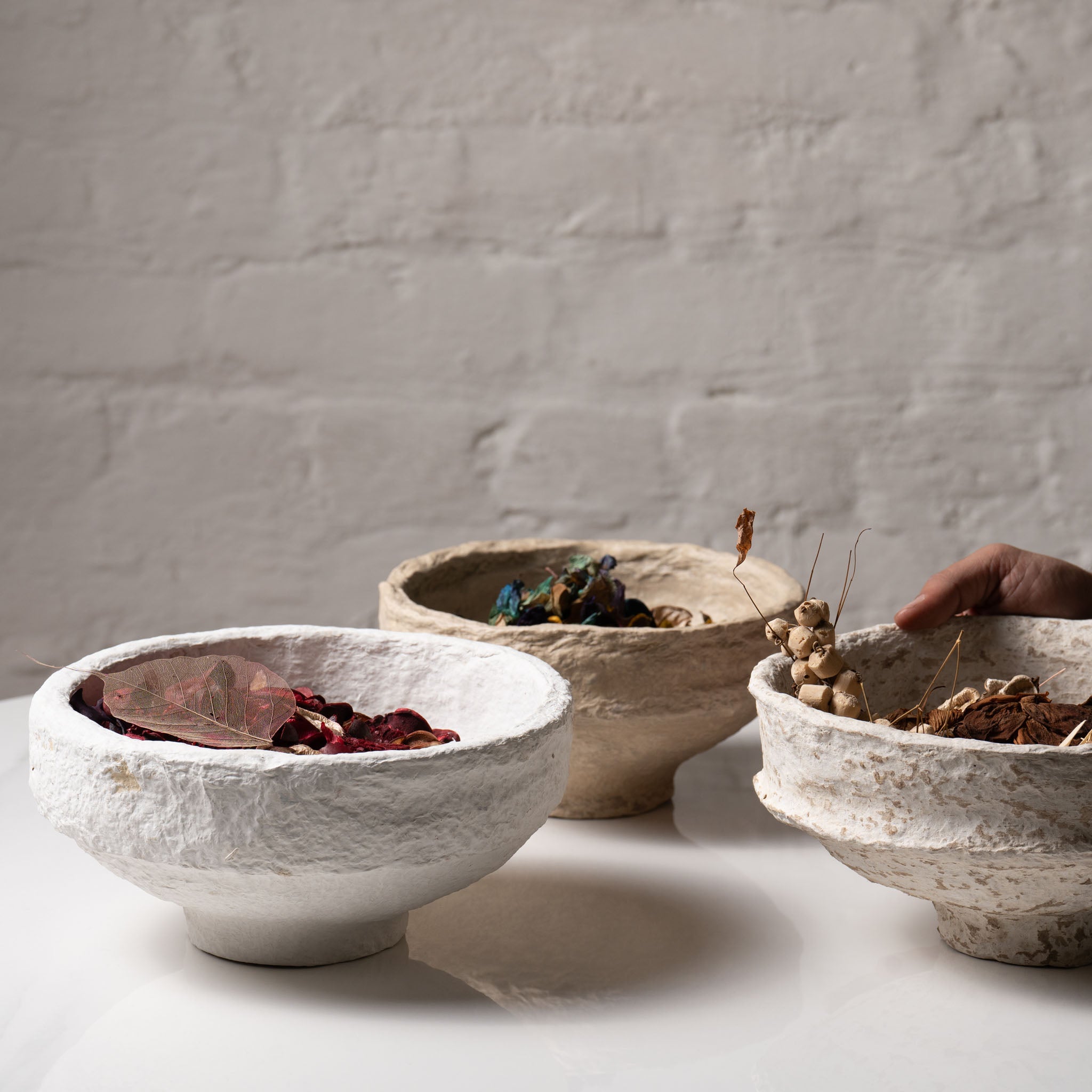 Handmade Papier-Mâché Bowl with Wide Rim | Natural Rustic, Mud & White Stone Finish