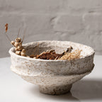 Handmade Papier-Mâché Bowl with Wide Rim | Natural Rustic, Mud & White Stone Finish