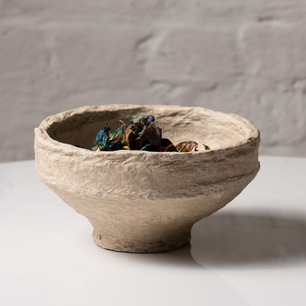 Handmade Papier-Mâché Bowl with Wide Rim | Natural Rustic, Mud & White Stone Finish