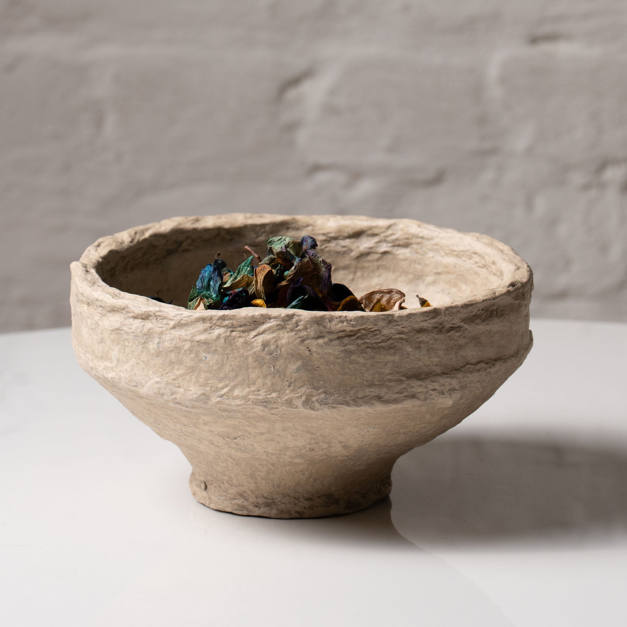 Handmade Papier-Mâché Bowl with Wide Rim | Natural Rustic, Mud & White Stone Finish