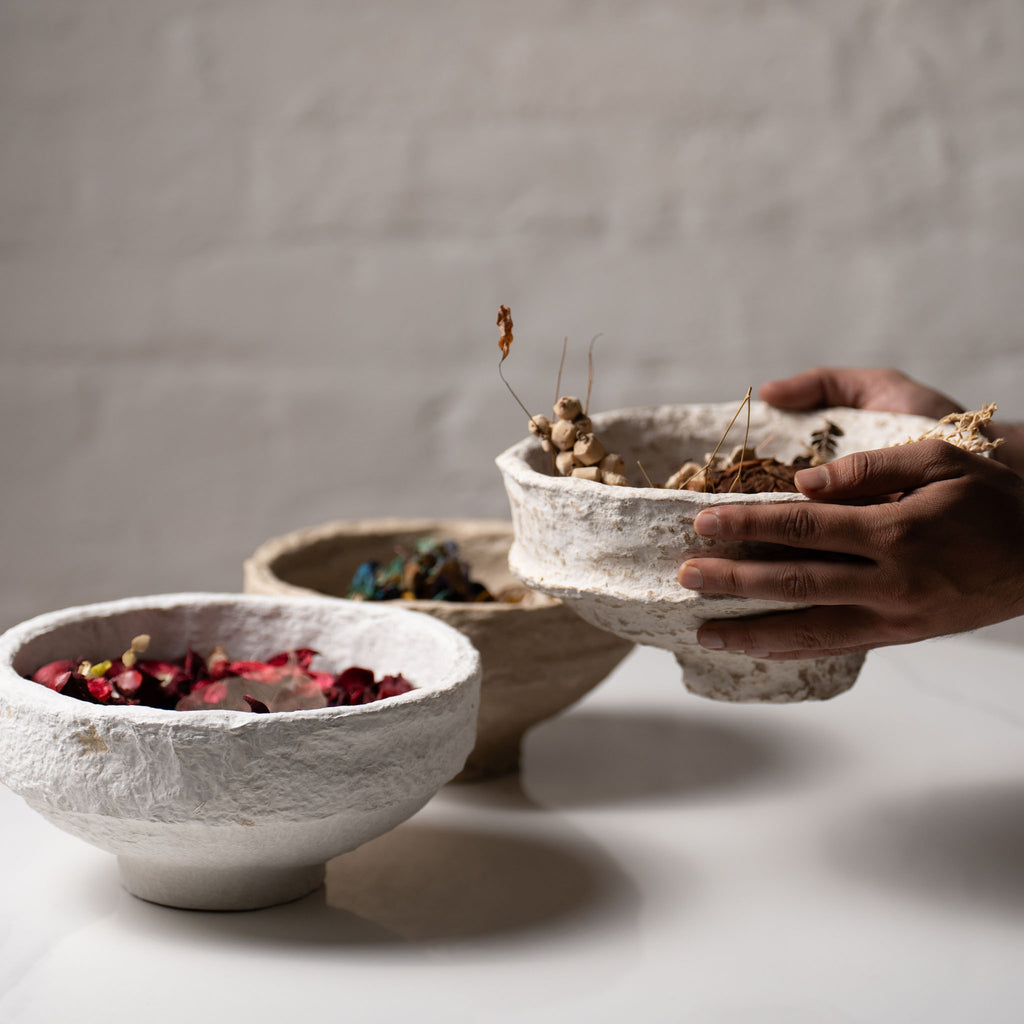 Handmade Papier-Mâché Bowl with Wide Rim | Natural Rustic, Mud & White Stone Finish