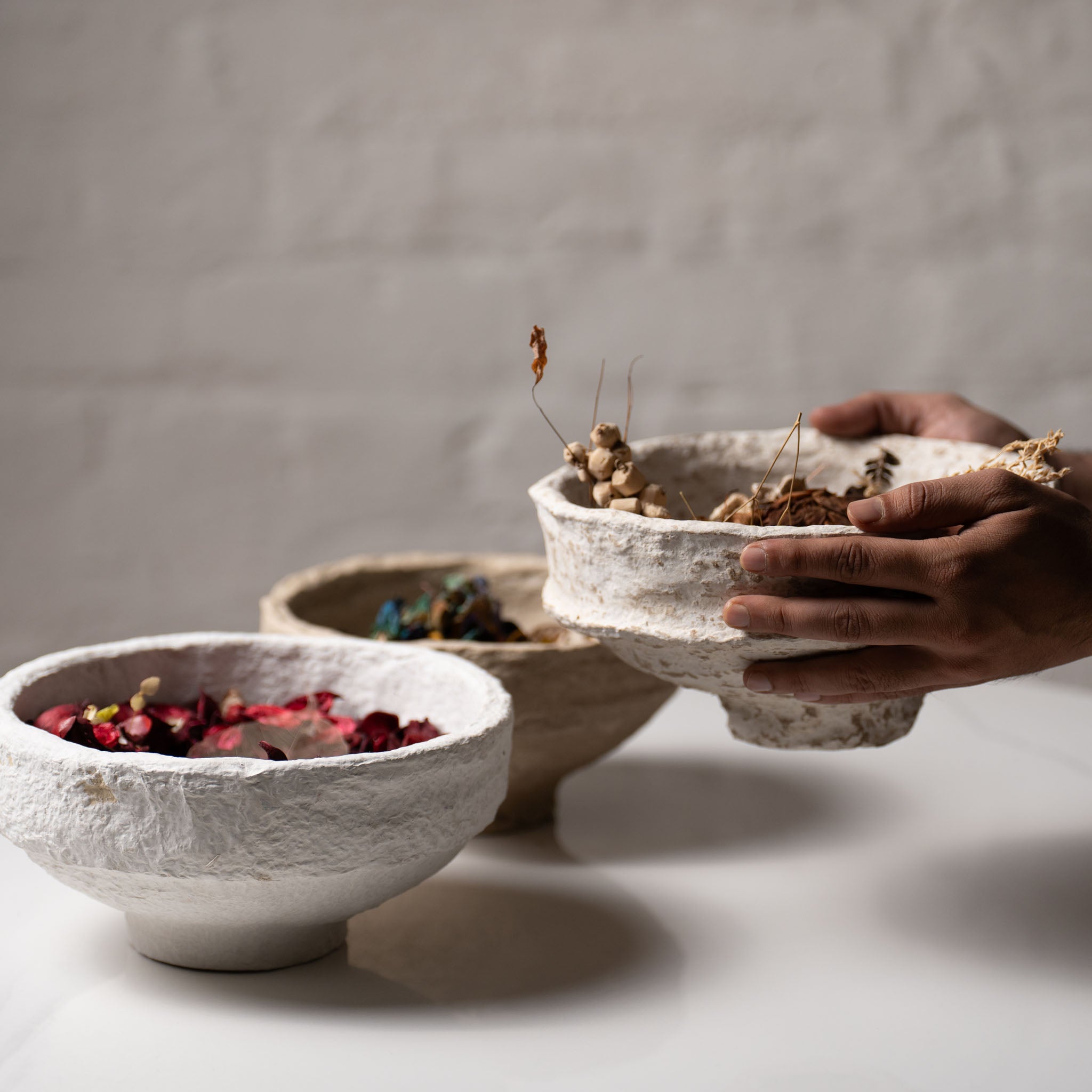 Handmade Papier-Mâché Bowl with Wide Rim | Natural Rustic, Mud & White Stone Finish