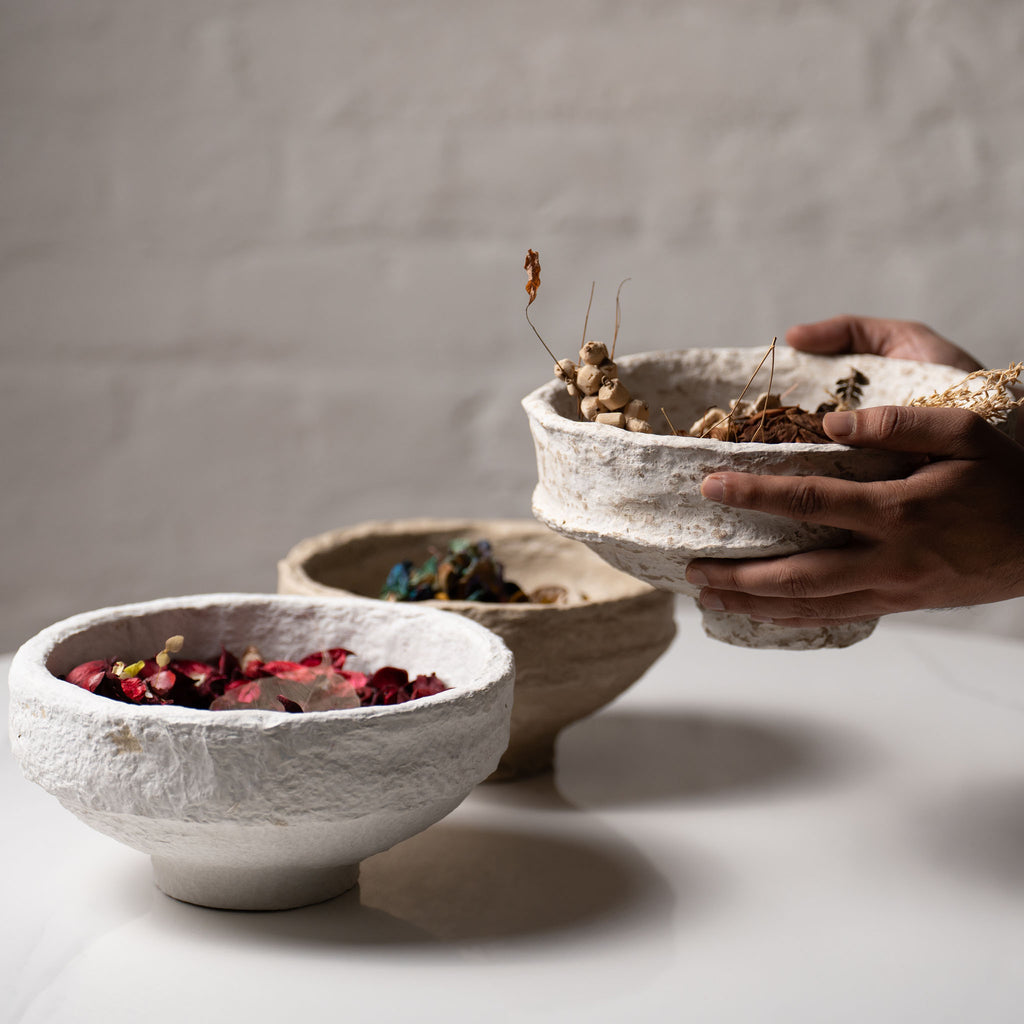 Handmade Papier-Mâché Bowl with Wide Rim | Natural Rustic, Mud & White Stone Finish