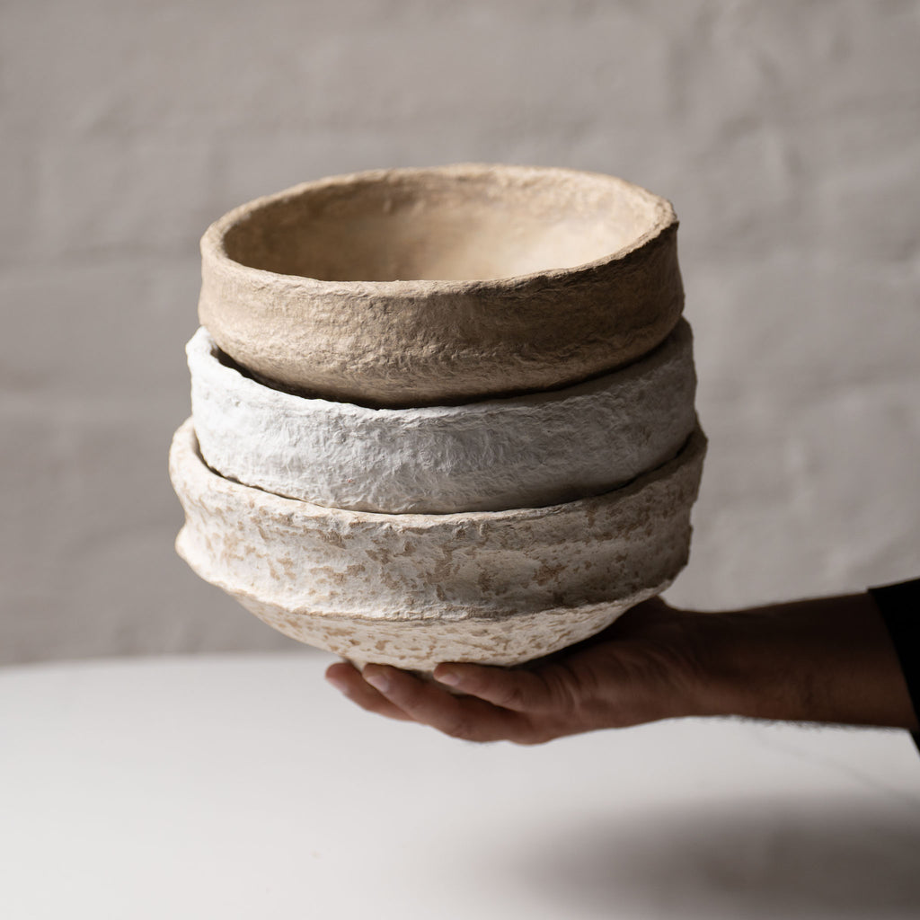 Handmade Papier-Mâché Bowl with Wide Rim | Natural Rustic, Mud & White Stone Finish