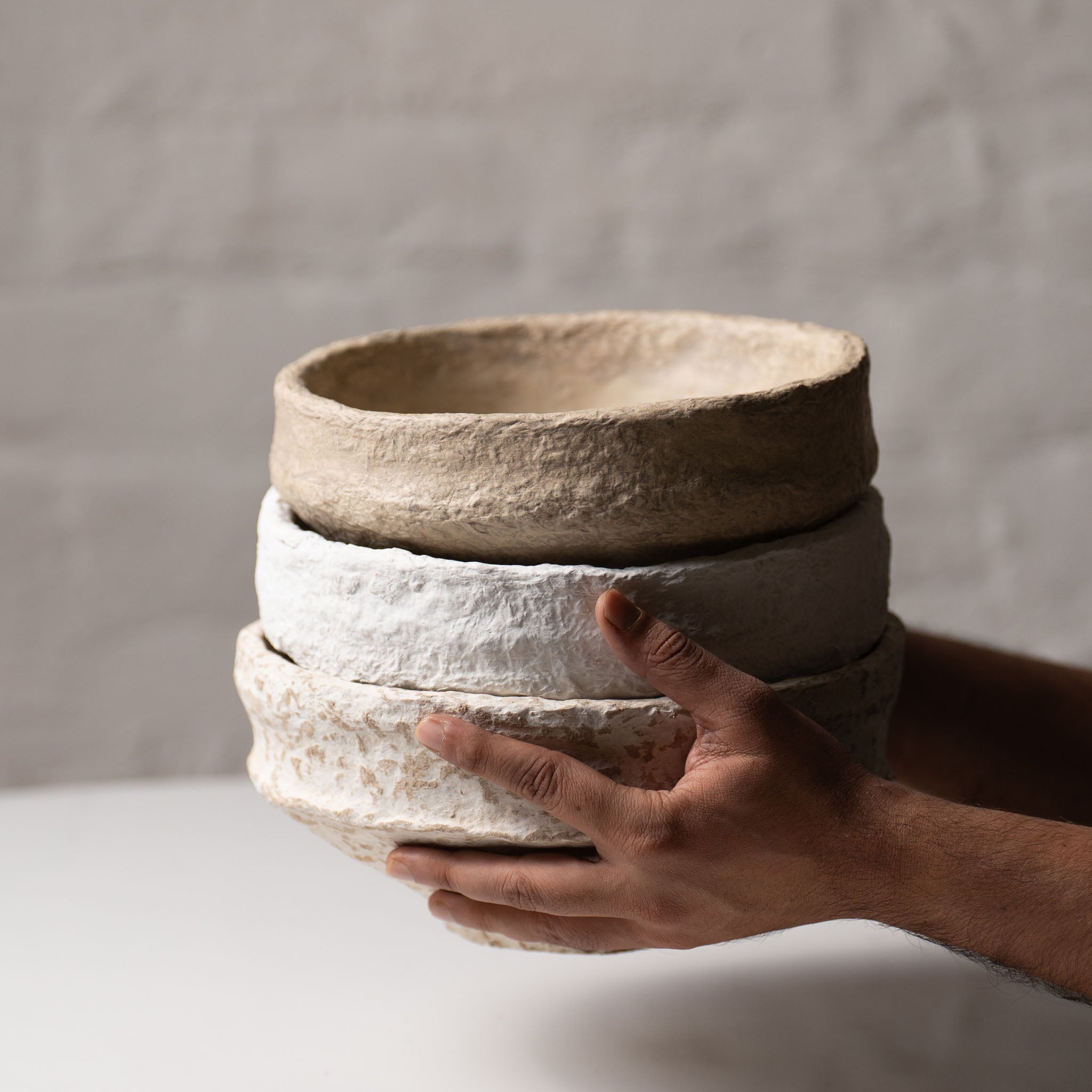 Handmade Papier-Mâché Bowl with Wide Rim | Natural Rustic, Mud & White Stone Finish
