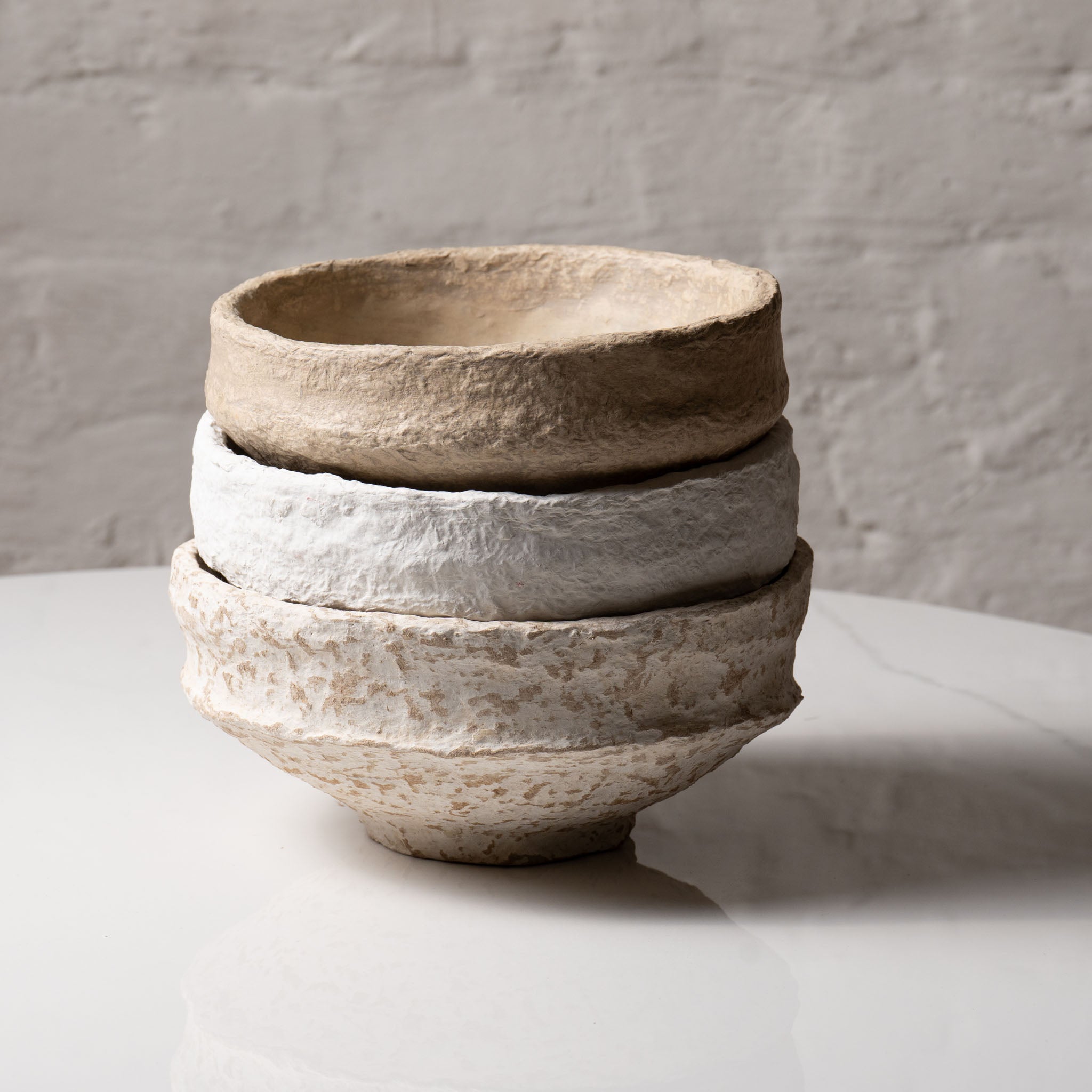 Handmade Papier-Mâché Bowl with Wide Rim | Natural Rustic, Mud & White Stone Finish