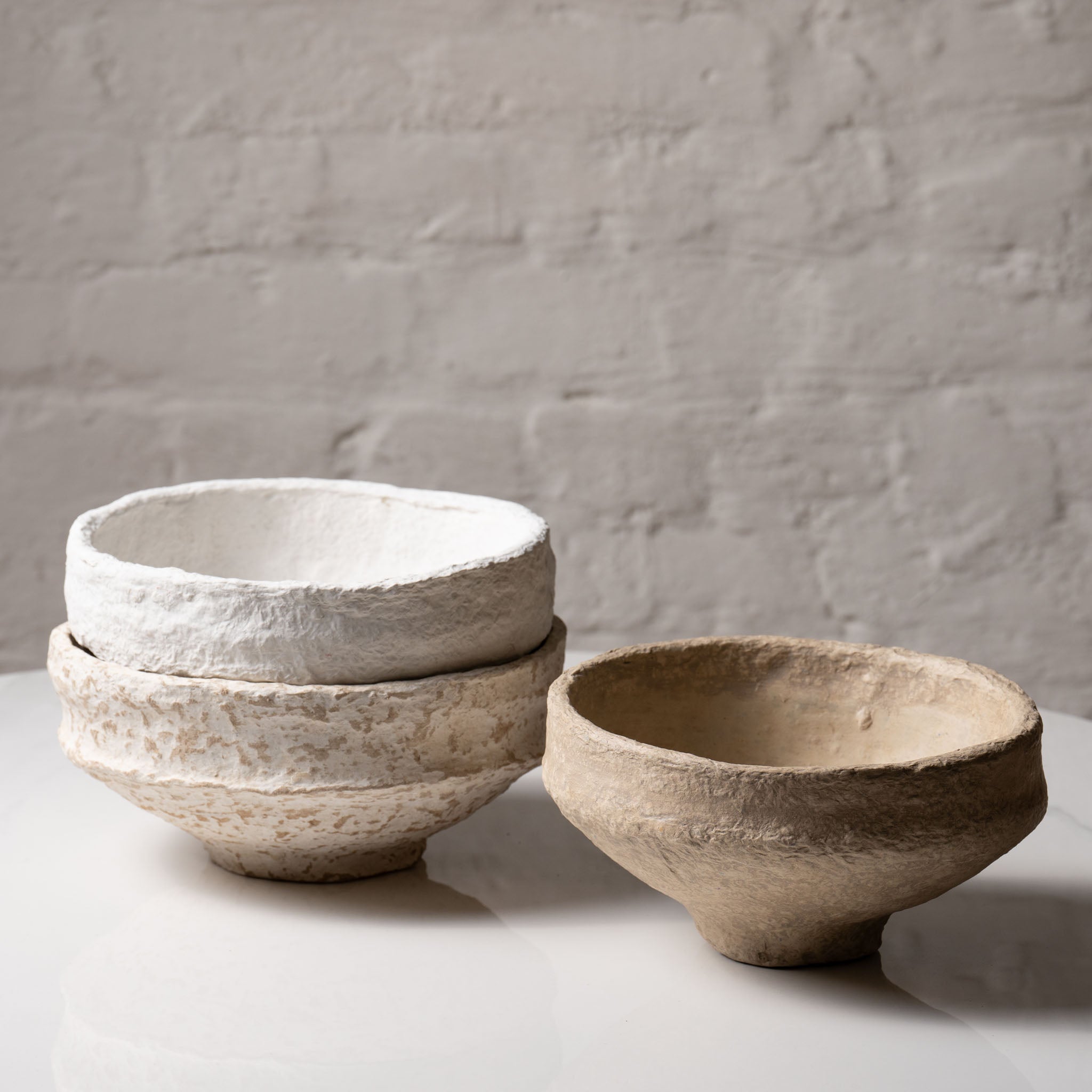 Handmade Papier-Mâché Bowl with Wide Rim | Natural Rustic, Mud & White Stone Finish