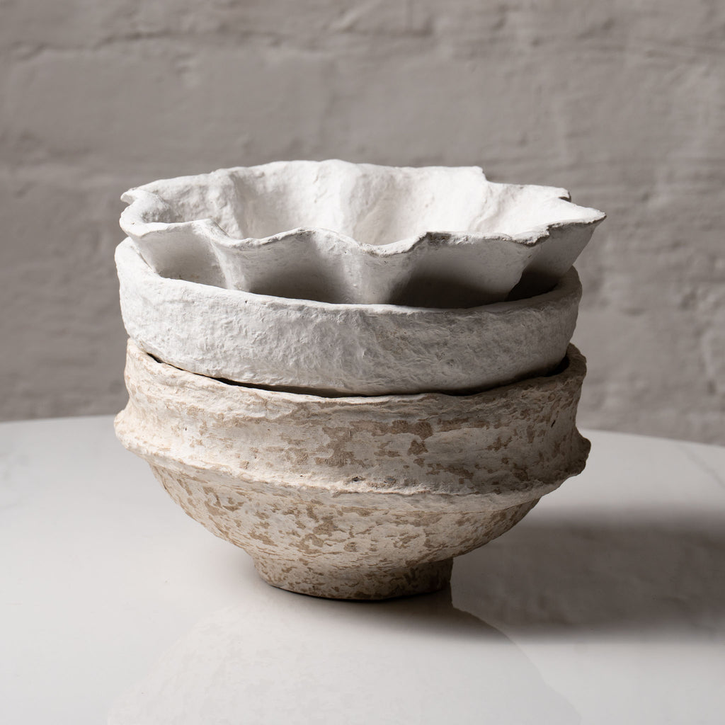 Handmade Papier-Mâché Bowl with Organic Rim | Soft  Rustic & White Sculptural Decor