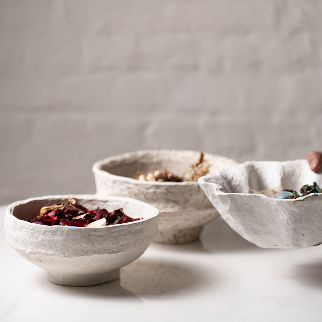 Handmade Papier-Mâché Bowl with Organic Rim | Soft  Rustic & White Sculptural Decor
