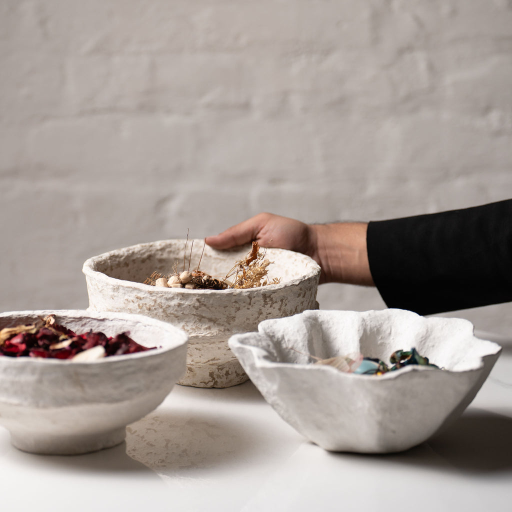 Handmade Papier-Mâché Bowl with Organic Rim | Soft  Rustic & White Sculptural Decor