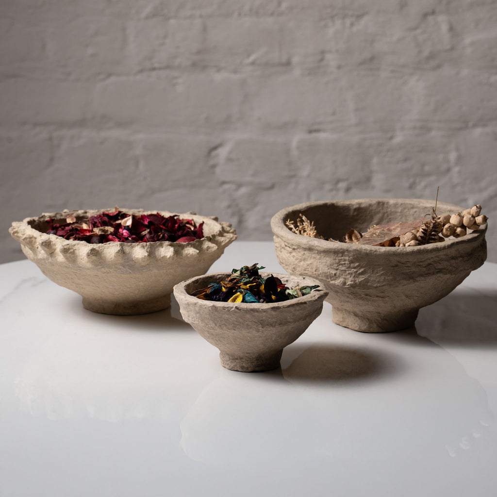 Handmade paper mâché decorative bowl with natural textured finish by AALA India