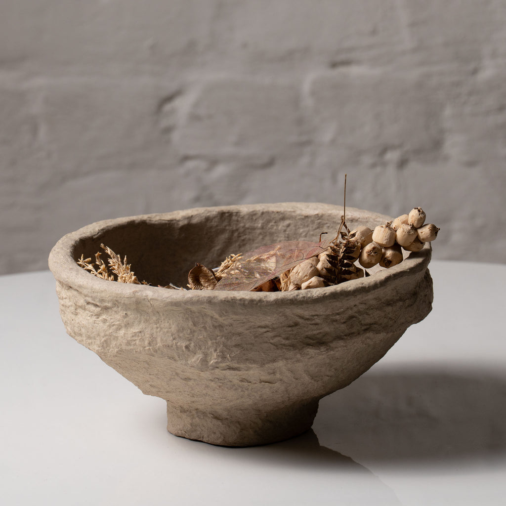 Handmade paper mâché decorative bowl with natural textured finish by AALA India