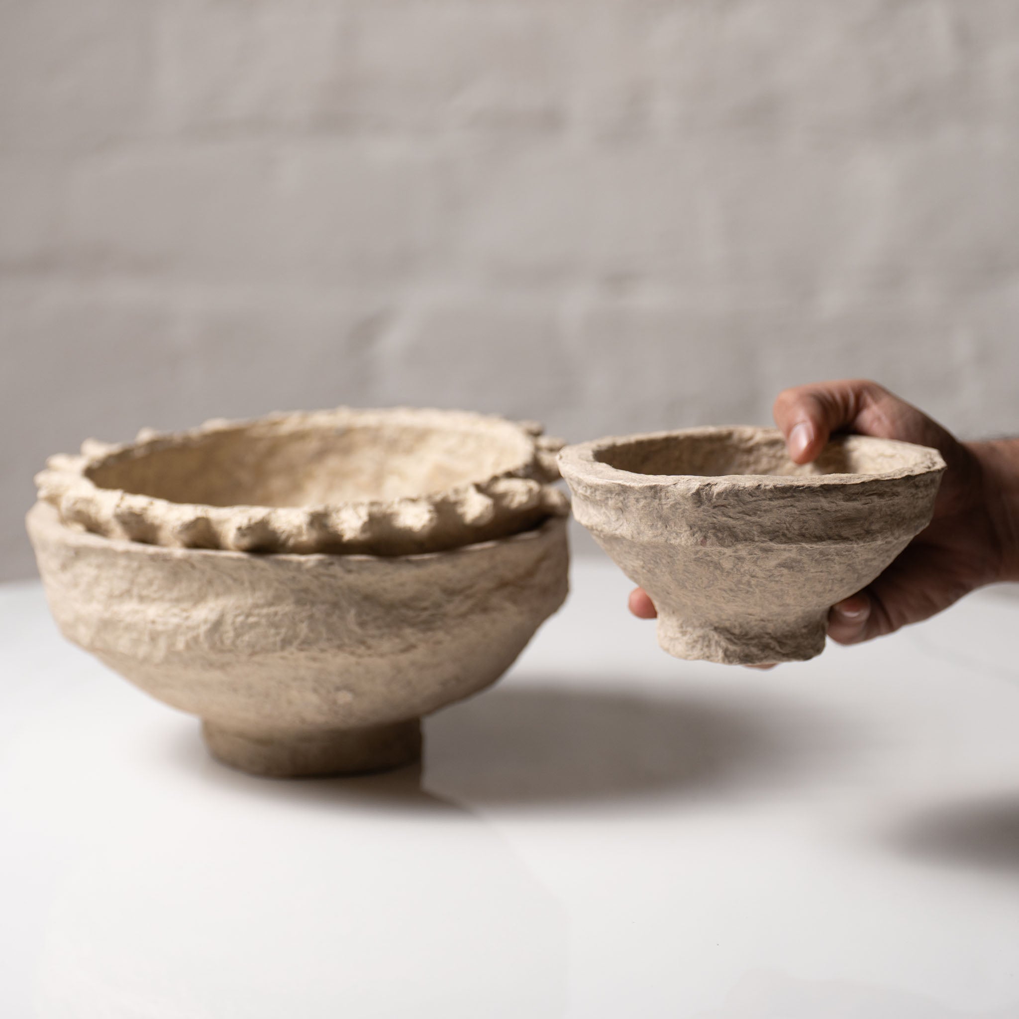 Handmade paper mâché decorative bowl with natural textured finish by AALA India