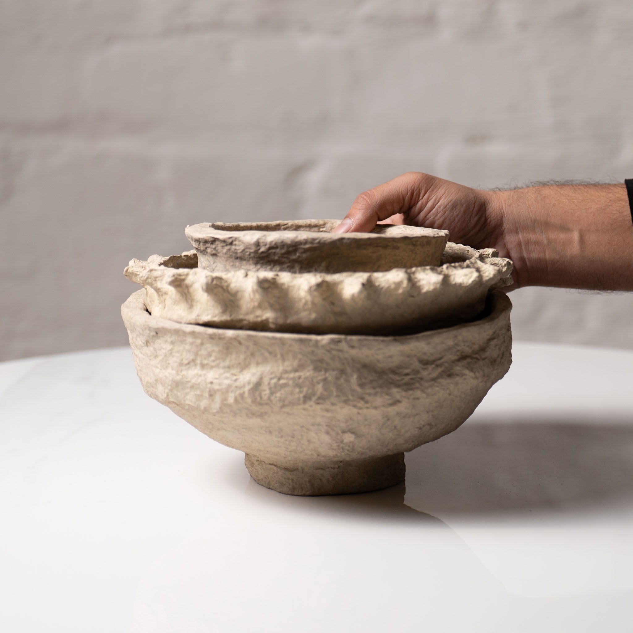 Handmade paper mâché decorative bowl with natural textured finish by AALA India