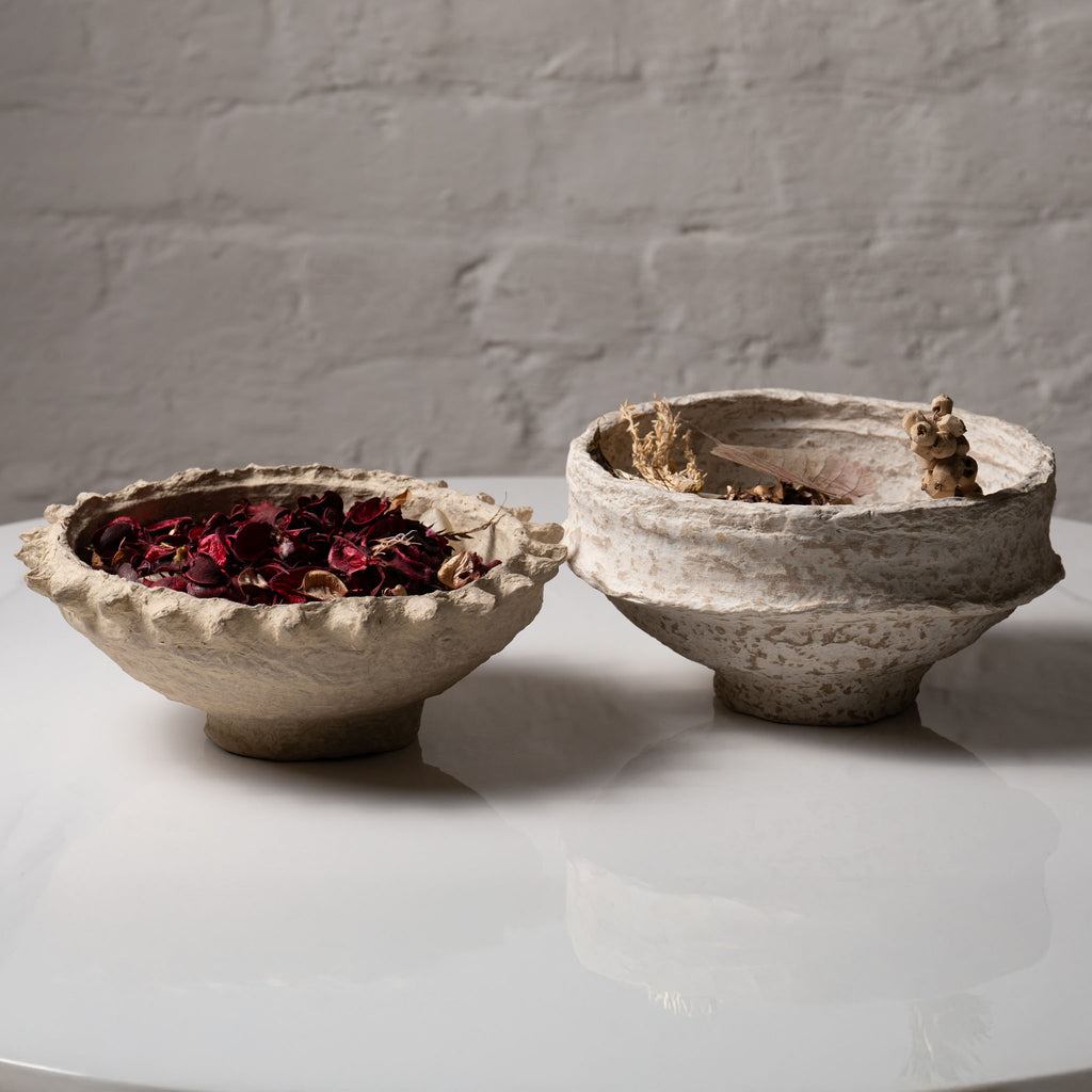 Side profile of rustic mud beige paper mache decorative bowl