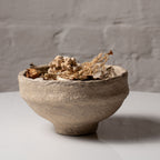 Large handmade paper mache bowl in natural beige colour with dried flowers for earthy home decor