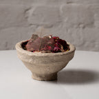 Small rustic paper mache bowl filled with potpourri, sustainable handcrafted home decor bowl