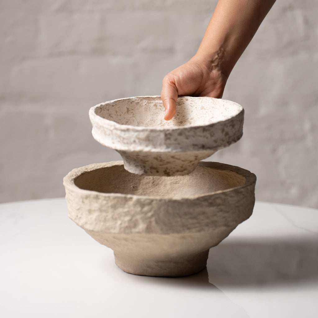 Handcrafted Paper Mache Decorative Bowl Set (2 Pieces) – Natural Textured Pedestal Bowls for Home Decor