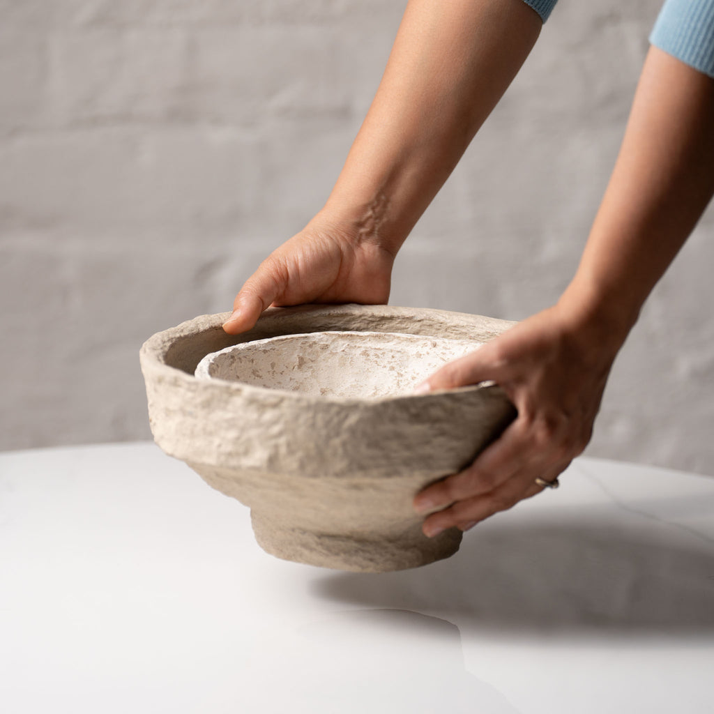 Artisan crafted paper mache bowl for shelf and console decor