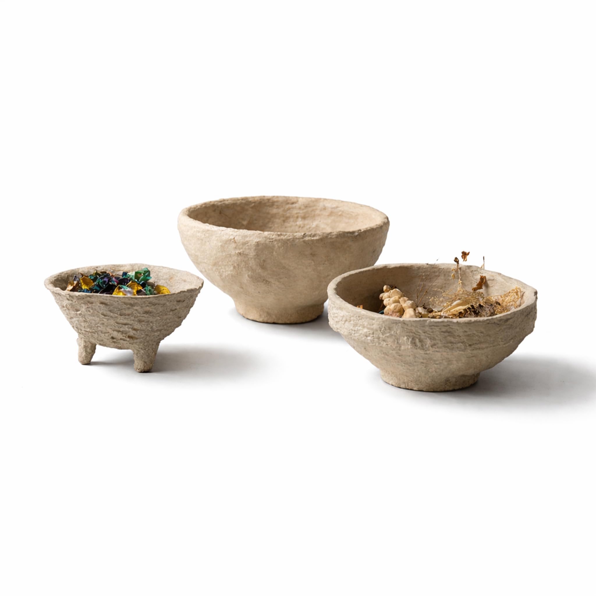 Set of 3 Handmade Paper Mache Decorative Bowls – Rustic Natural Textured Bowl Set for Home Décor, Coffee Table Centrepiece, Potpourri & Fruit Bowl, Boho Scandinavian Style Decorative Bowl Set
