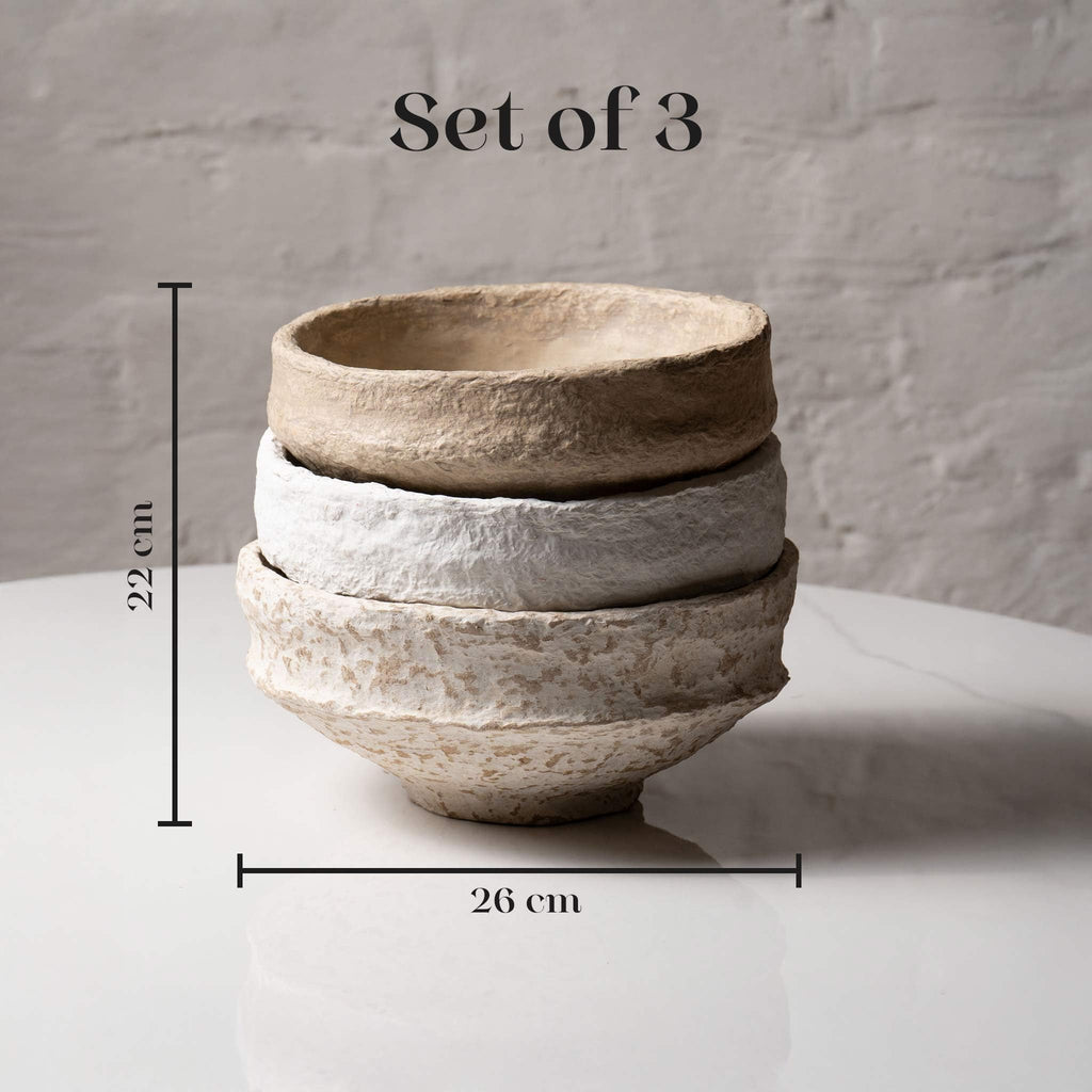 AALA INDIA Handmade Paper Mache Decorative Bowl Set of 3 – Rustic Textured Potpourri Bowls for Coffee Table, Centrepiece & Modern Home Décor